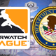 The Overwatch League logo and Department of Justice seal over the backdrop of the 2018 Overwatch World Cup.
